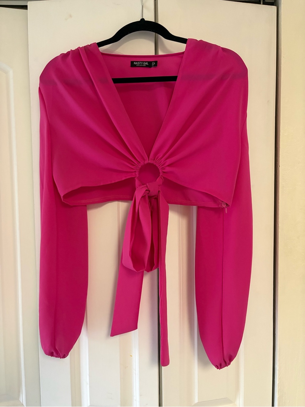 Nasty Gal Hot Pink Ring-Tie Long Sleeve Crop Top